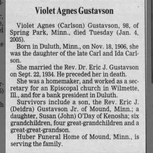 Obituary for Violet Agnes Gustavson